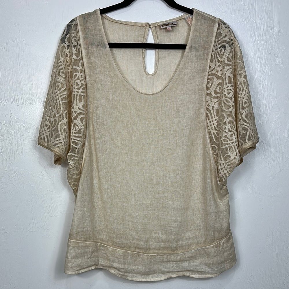 Azucar Beige Linen Lace Detailing Short Sleeve Top Blouse Size M